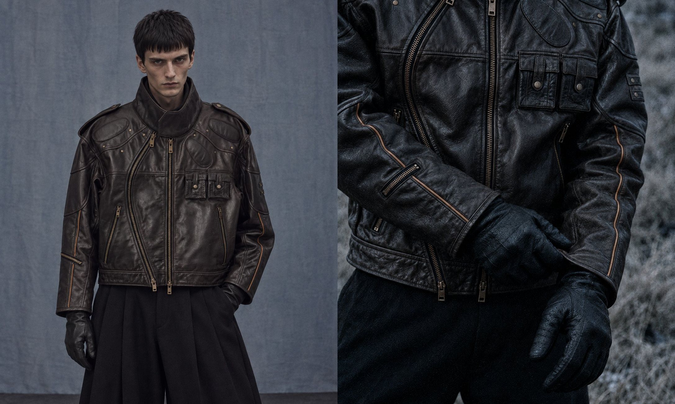 SVK-417 worn with black leather gloves: a dark brown leather moto jacket with twin front zips and caramel piping down the sleeves